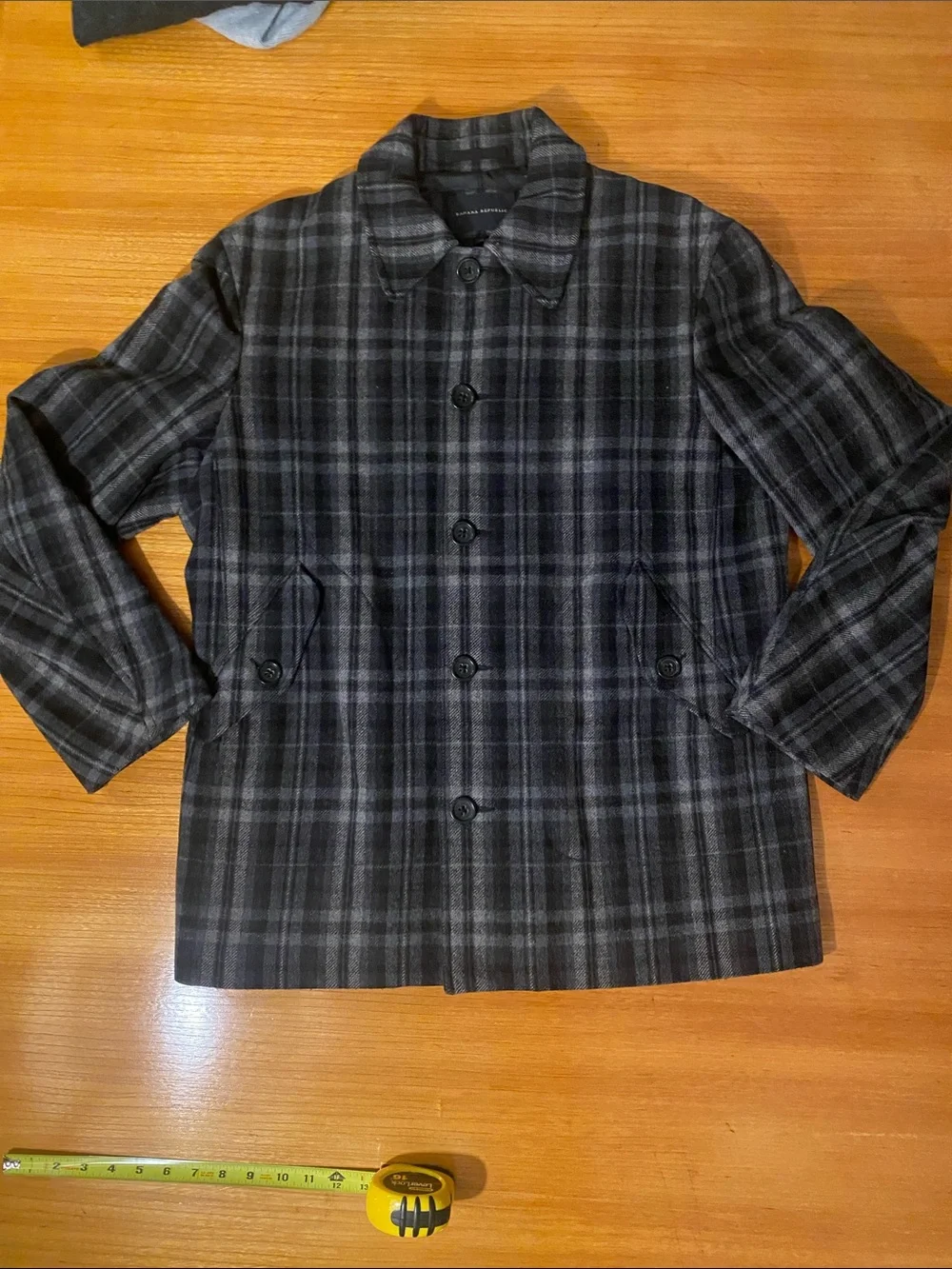 Vintage Banana Republic Gray and Black Plaid Wool Blend Pea Coat